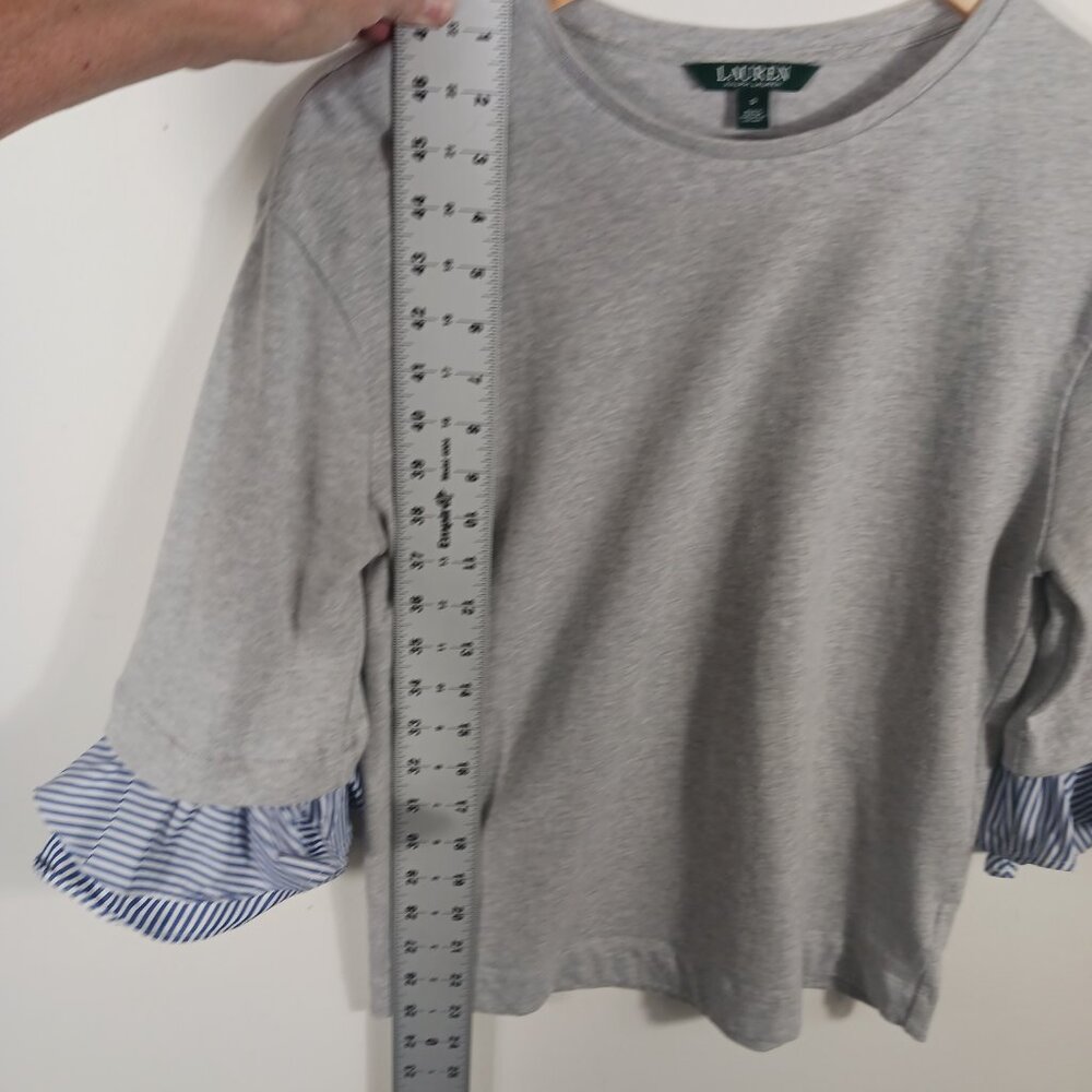 Lauren Ralph Lauren S Casual Gray Top 3/4 Sleeve W/ Navy/White Pinstripe Ruffle - Picture 13 of 15